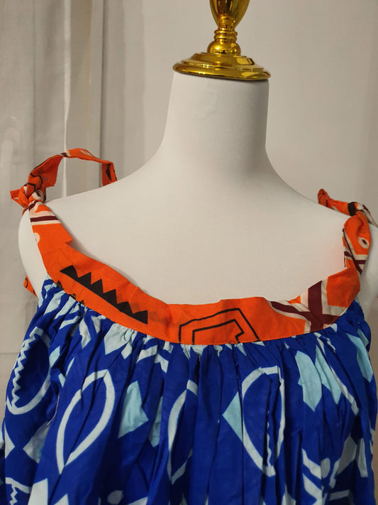 Robe africaine mini coloré bleu/orange à bretelles nœuds