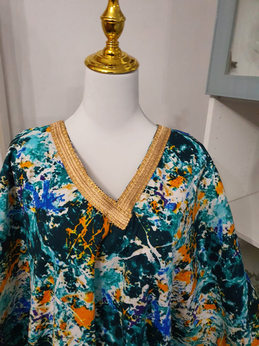 Robe à franges femme tissu imprimé artistique et col brodé
