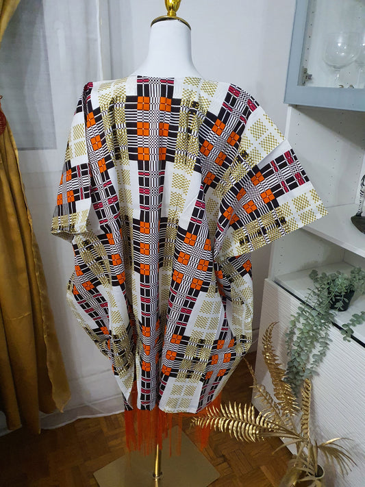 Robe africaine à frange imprimé damier coloré et franges orange