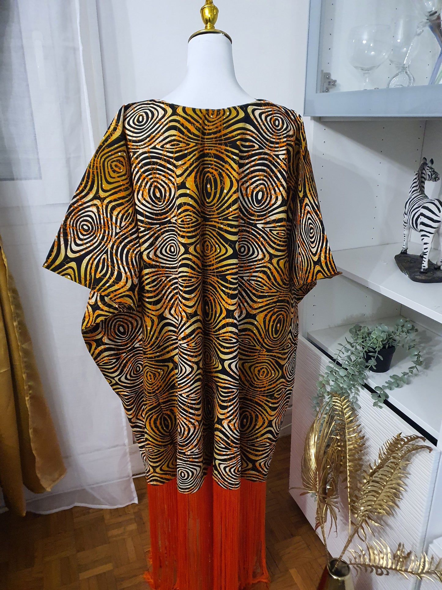 Robe à franges femme tissu africain orange avec franges longues
