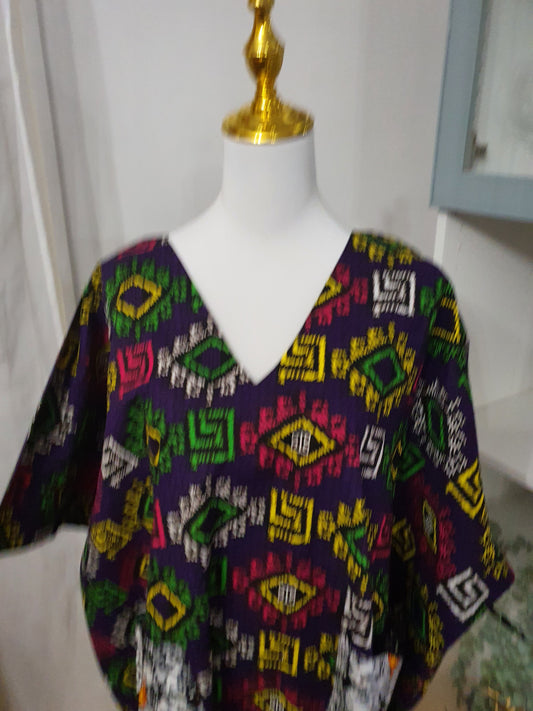 Robe à franges femme motifs africains multicolores et franges jaunes
