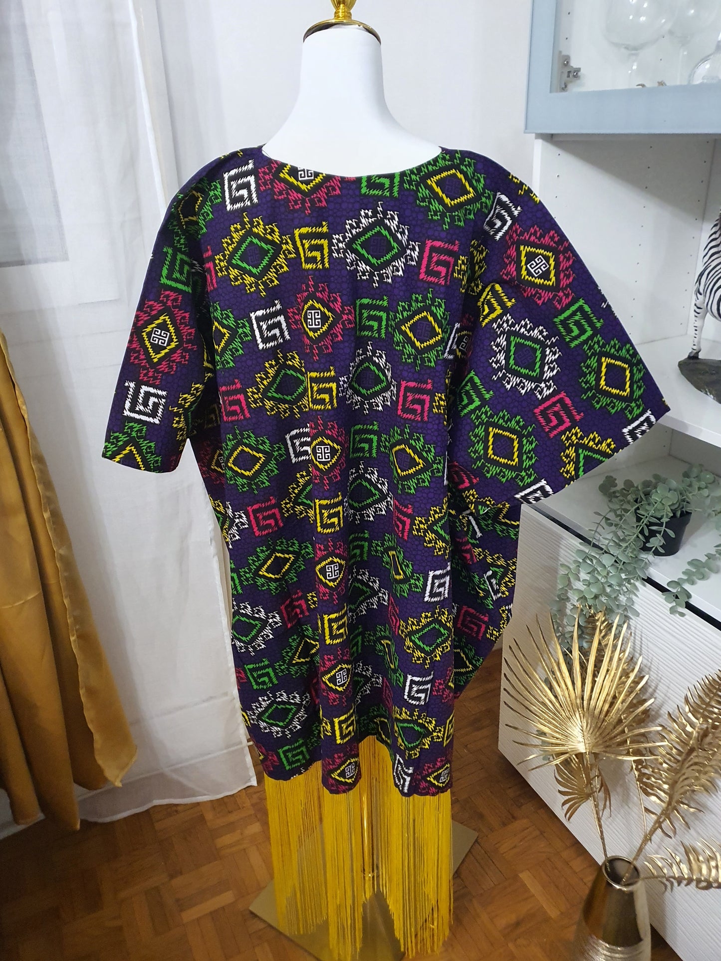 Robe à franges femme motifs africains multicolores et franges jaunes