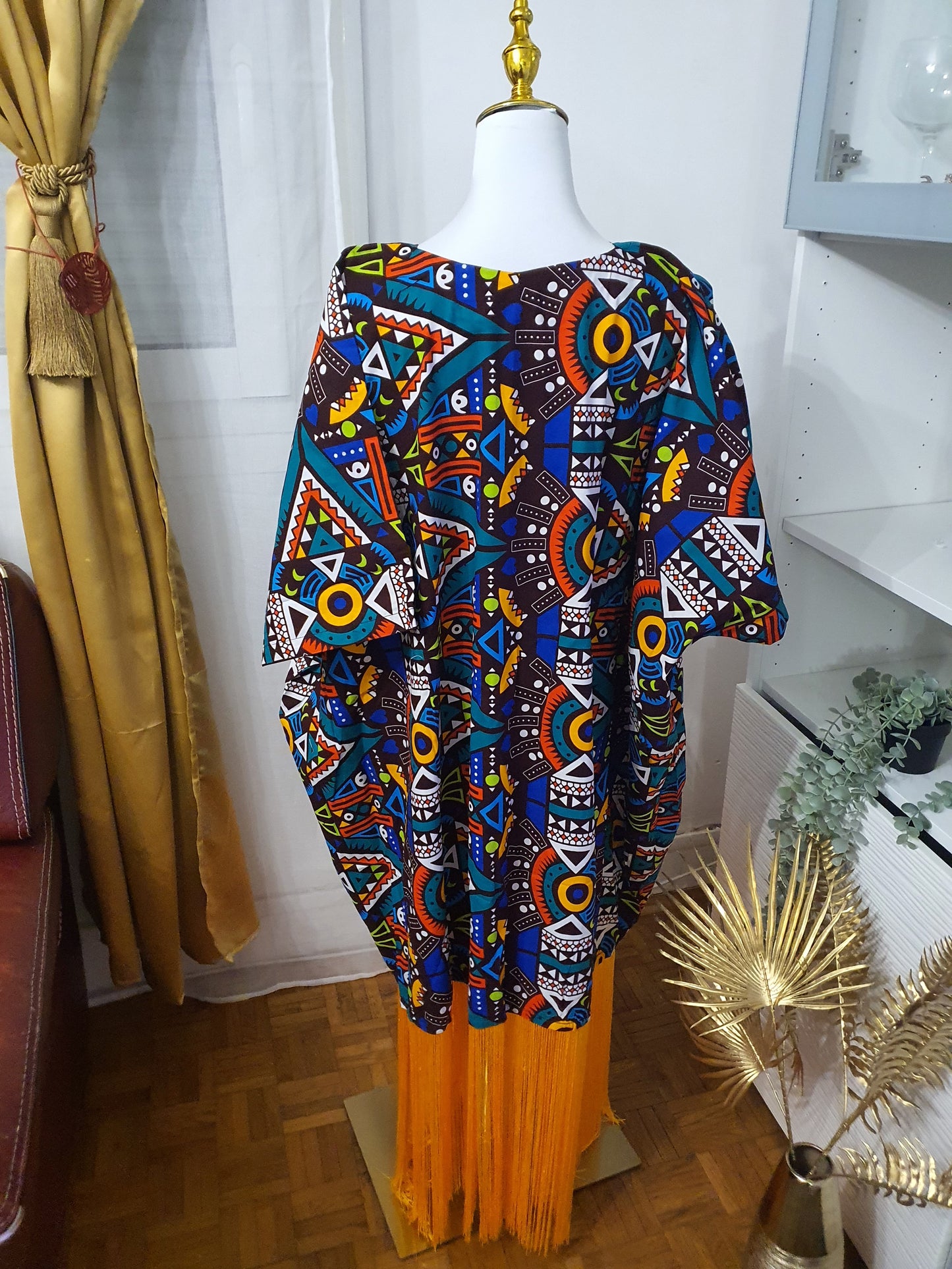 Robe à franges femme motifs africains multicolores et franges jaunes