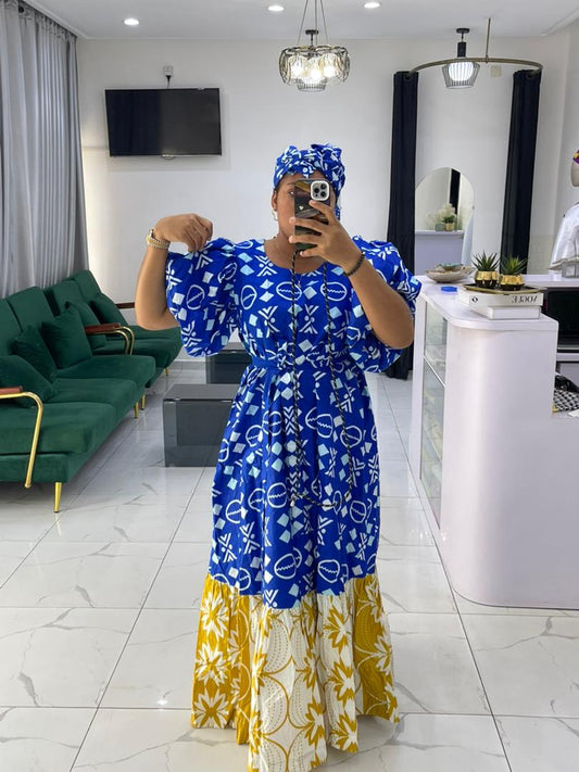 Robe africaine bleue et jaune imprimés mixtes