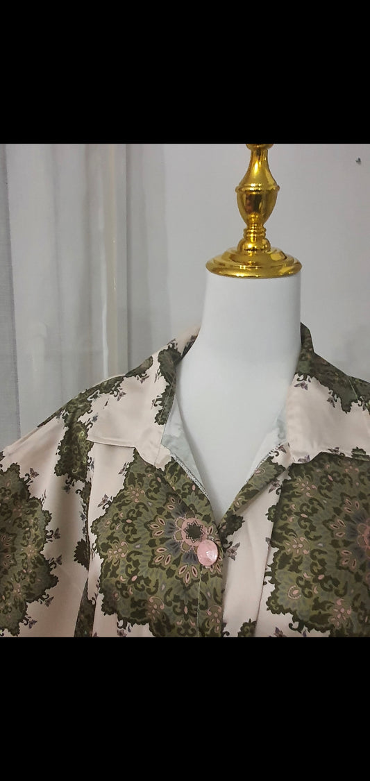 Robe longue fluide femme motif baroque vert et beige