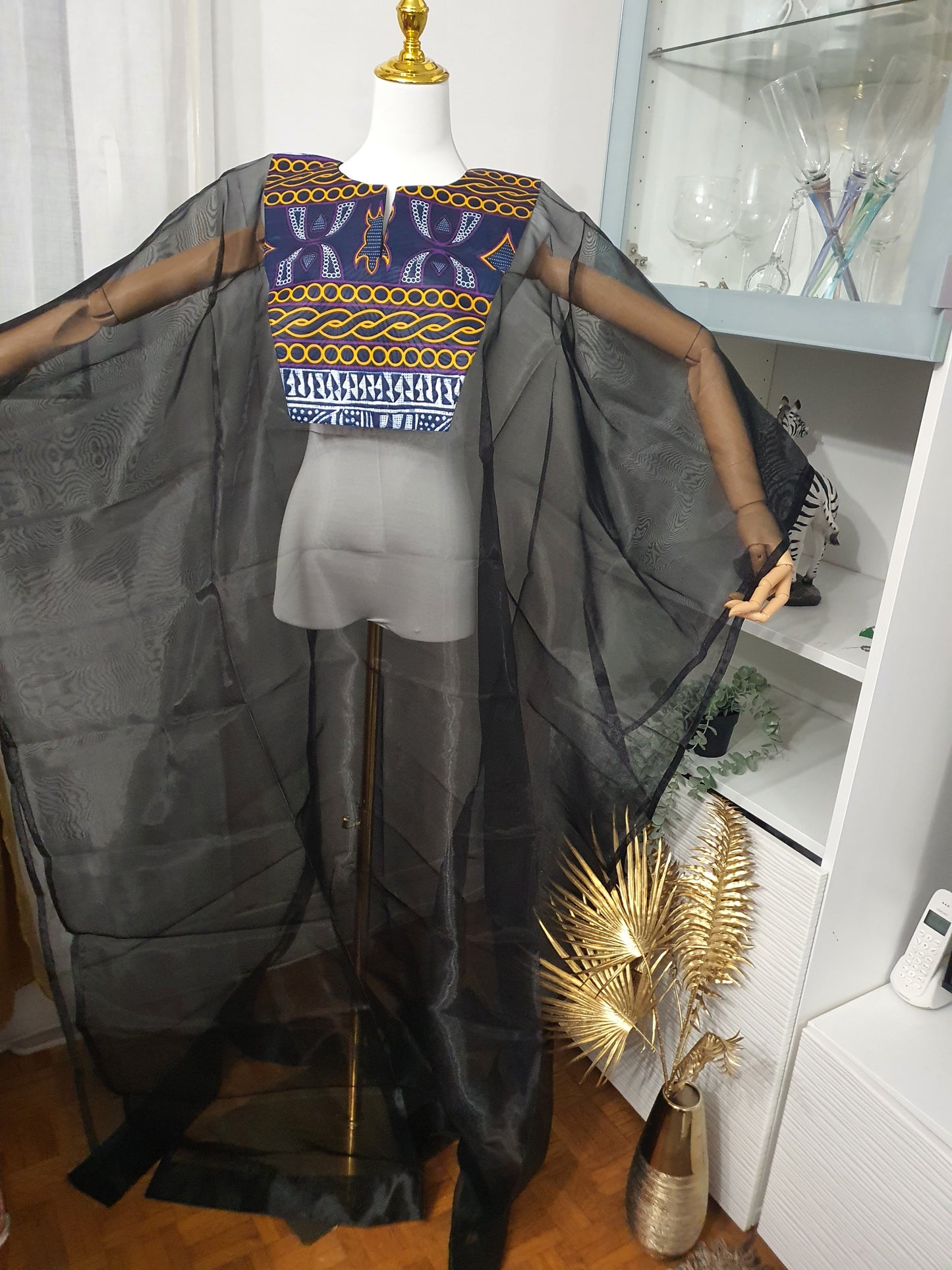 Kimono africain femme transparent noir bleu & violet chic
