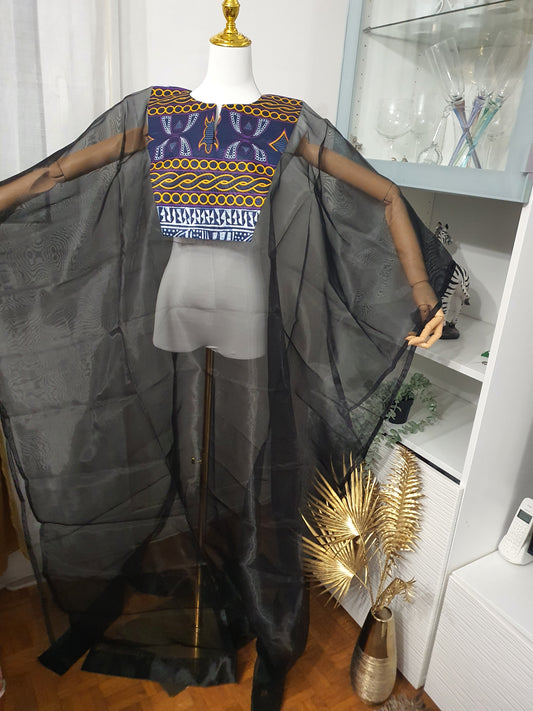 Kimono africain femme transparent noir bleu & violet chic