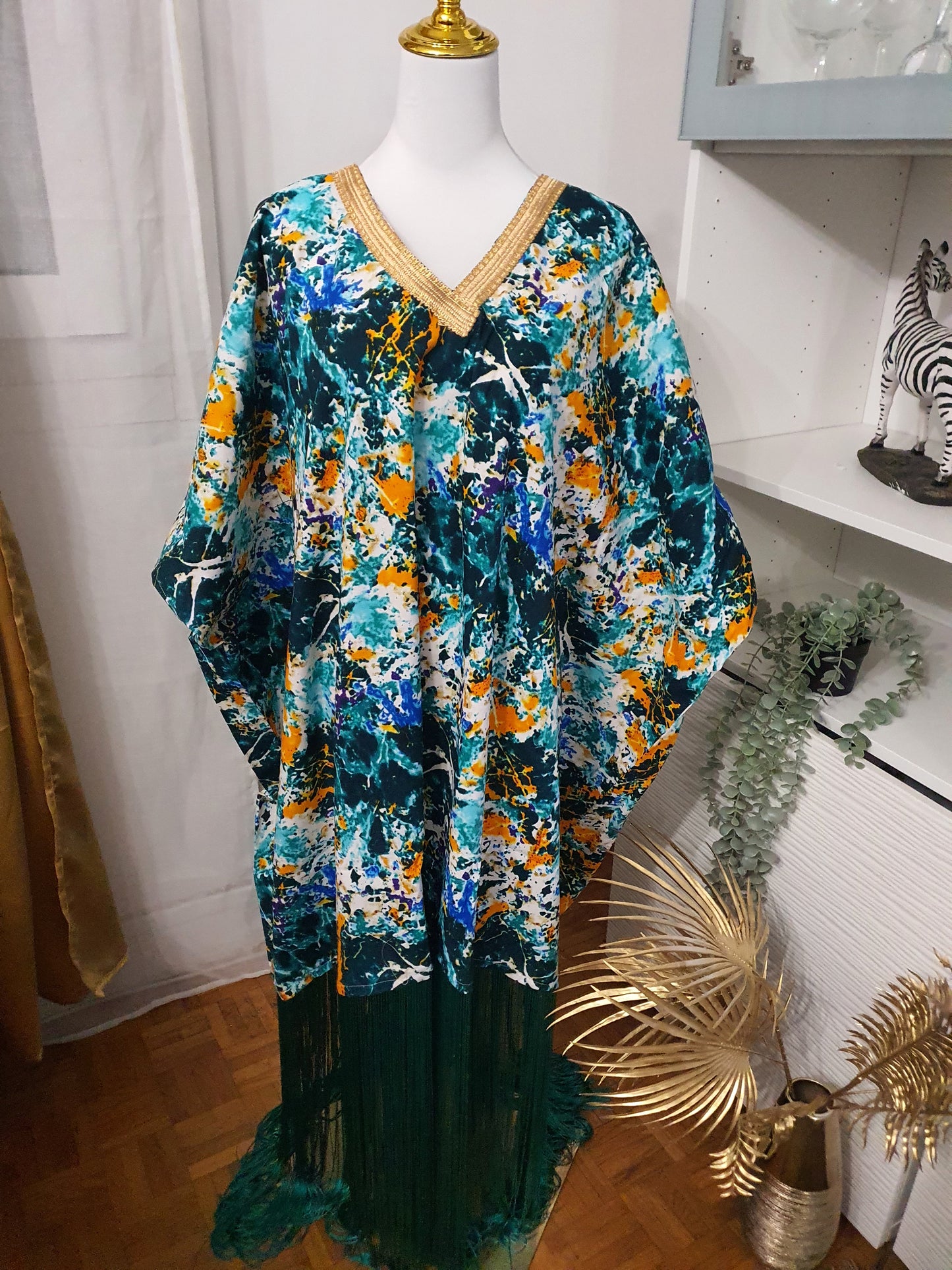 Robe à franges femme tissu imprimé artistique et col brodé