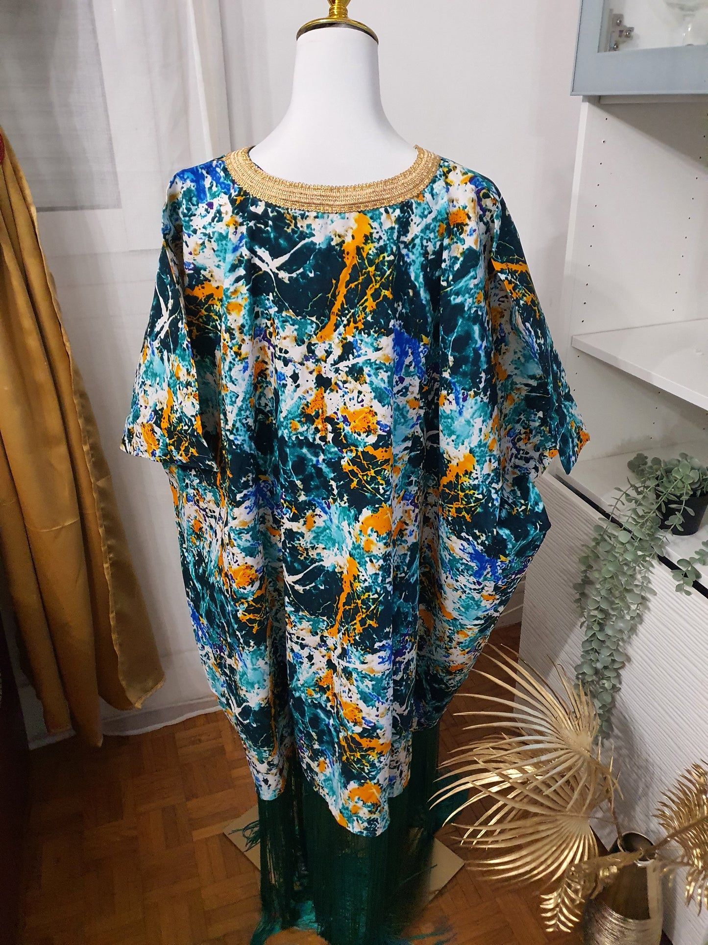 Robe à franges femme tissu imprimé artistique et col brodé