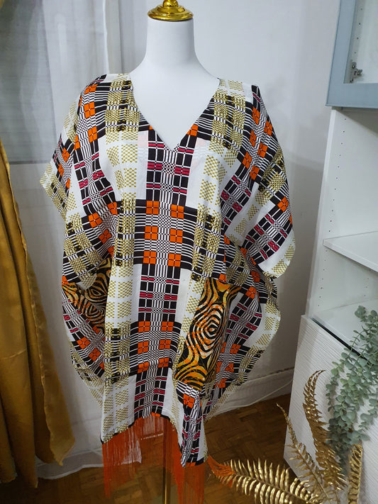 Robe africaine à frange imprimé damier coloré et franges orange