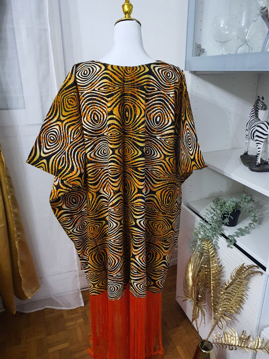 Robe à franges femme tissu africain orange avec franges longues
