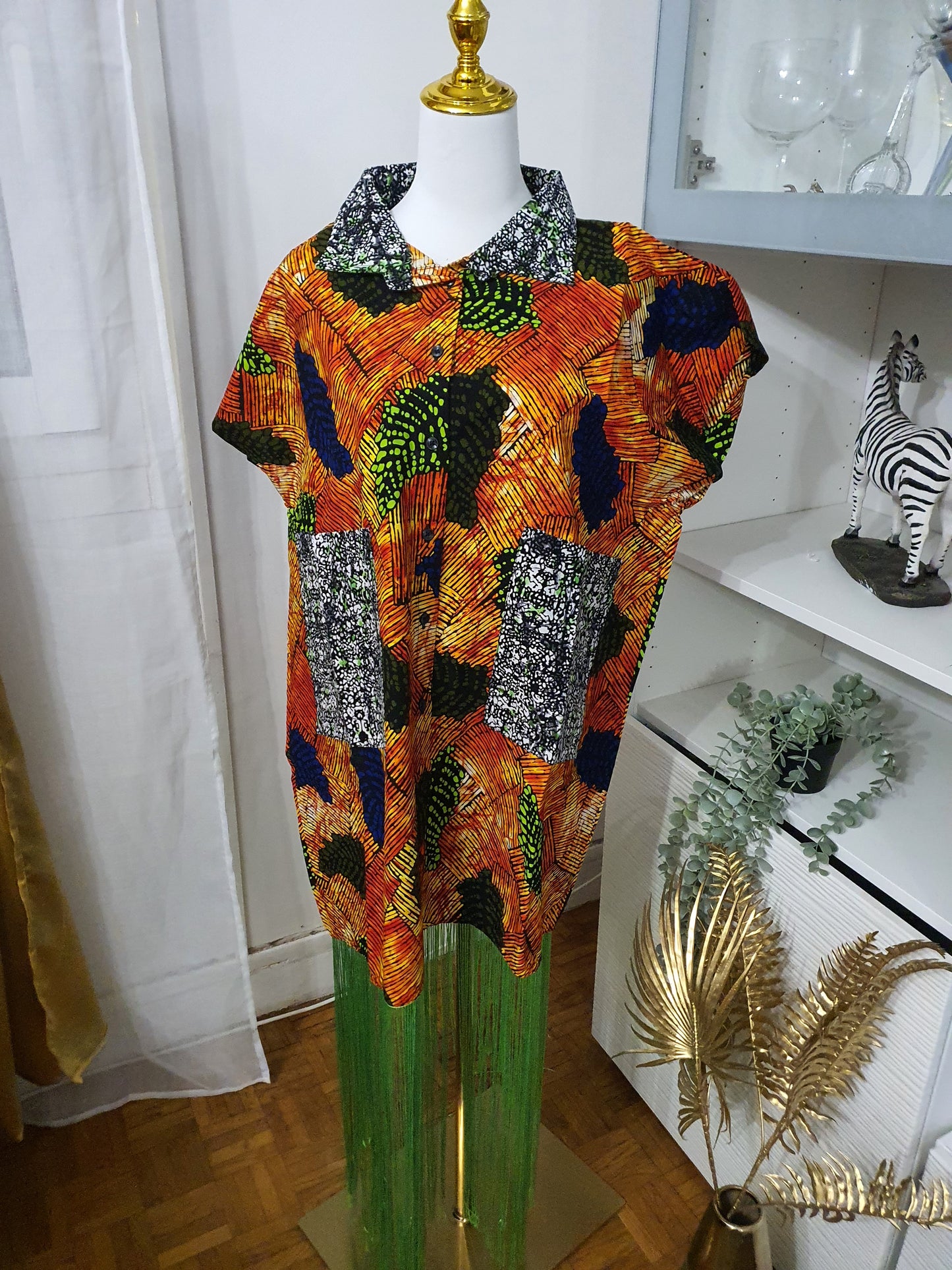 Robe à franges femme motifs africains colorés et col chemise