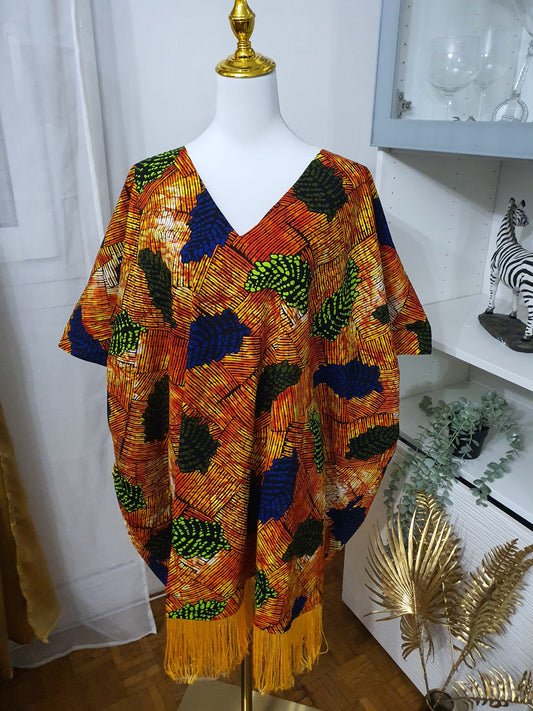 Robe africaine à frange feuillage multicolore et franges jaunes