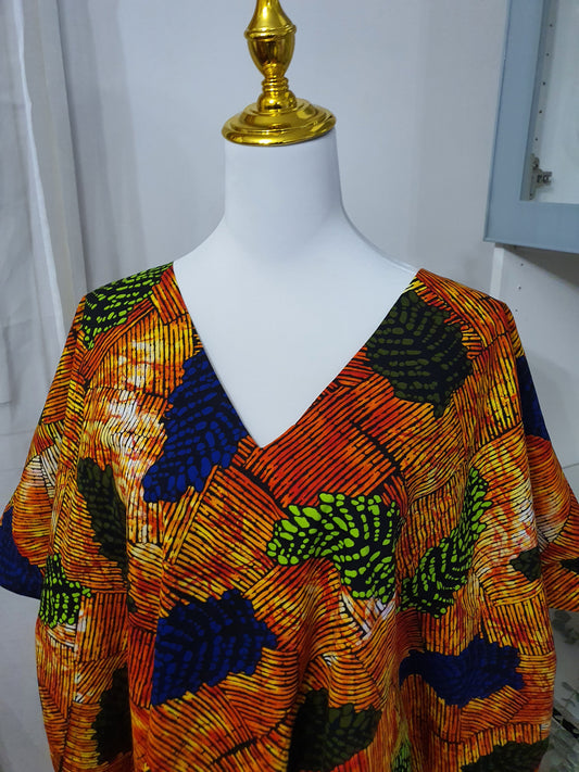Robe africaine à frange feuillage multicolore et franges jaunes
