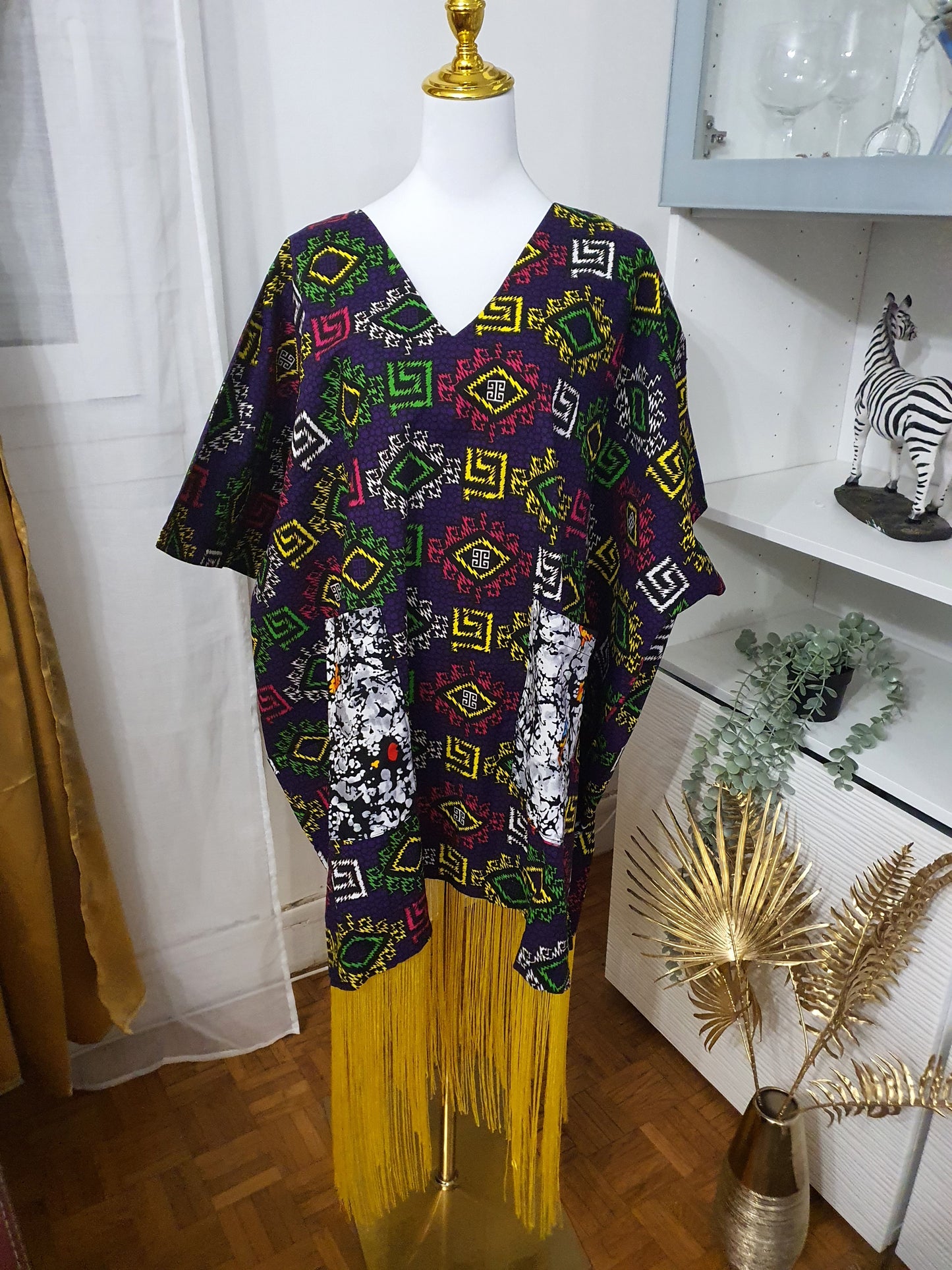Robe à franges femme motifs africains multicolores et franges jaunes