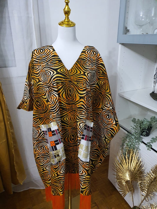 Robe africaine à frange tissu orange & noir avec poches modernes