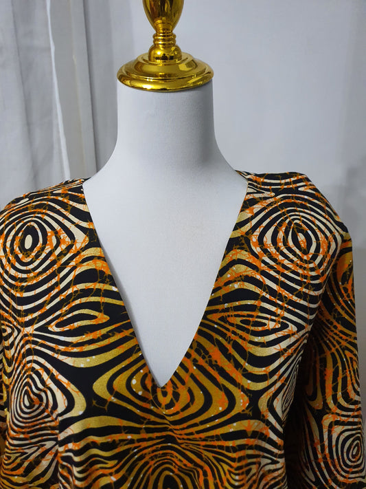 Robe africaine à frange tissu orange & noir avec poches modernes
