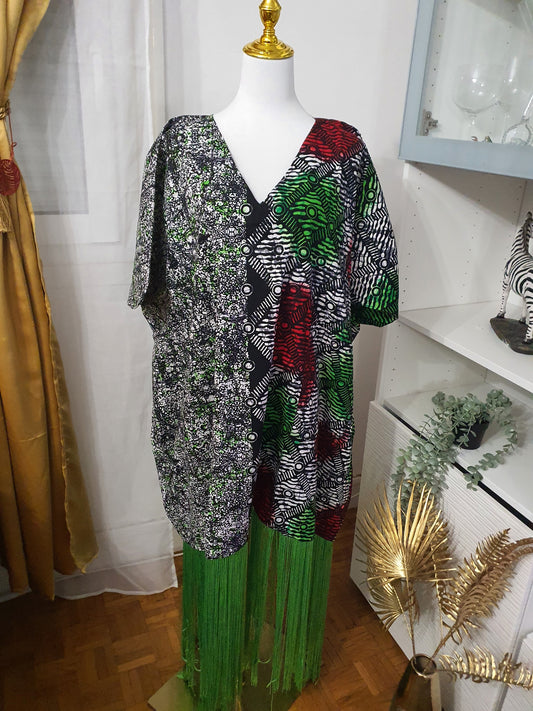 Robe à franges femme motifs africains et franges vertes