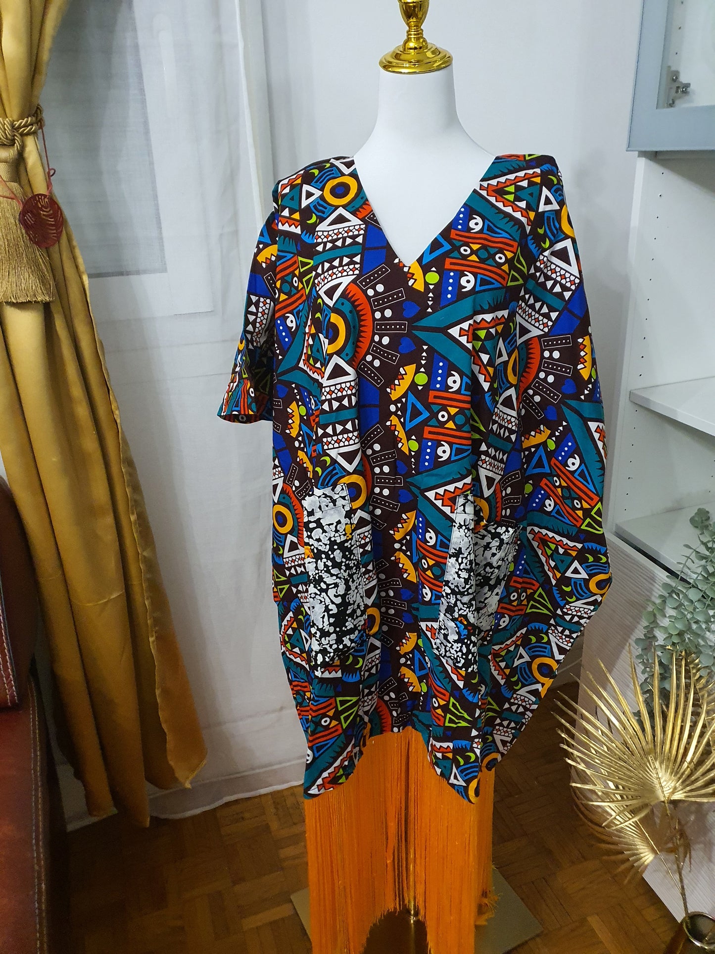 Robe à franges femme motifs africains multicolores et franges jaunes