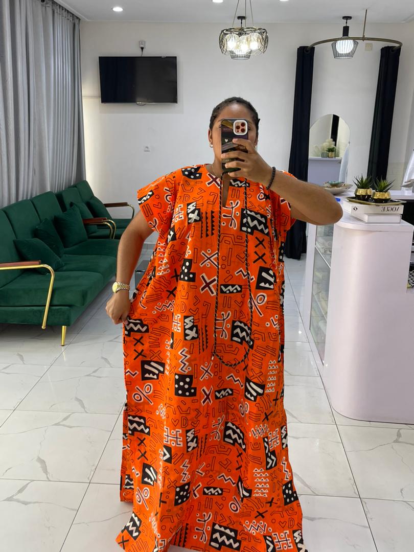 Boubou africain orange vif –  à imprimés traditionnels