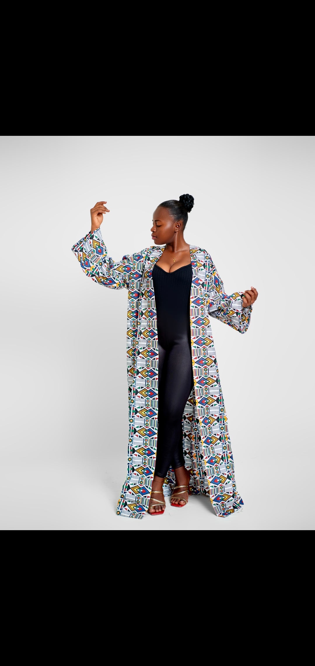 Kimono africain long femme en tissu wax multicolore