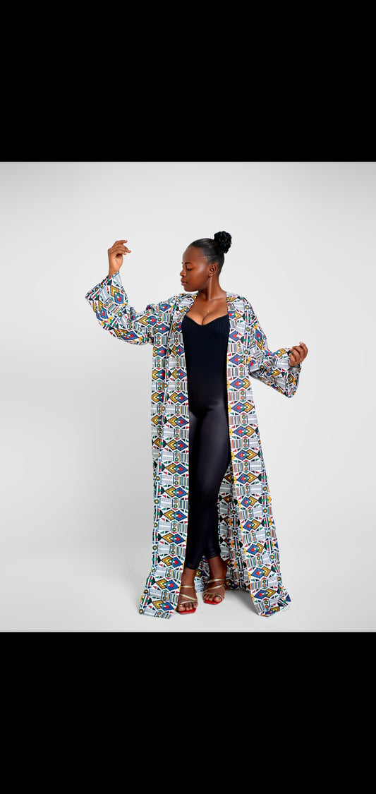 Kimono africain long femme en tissu wax multicolore